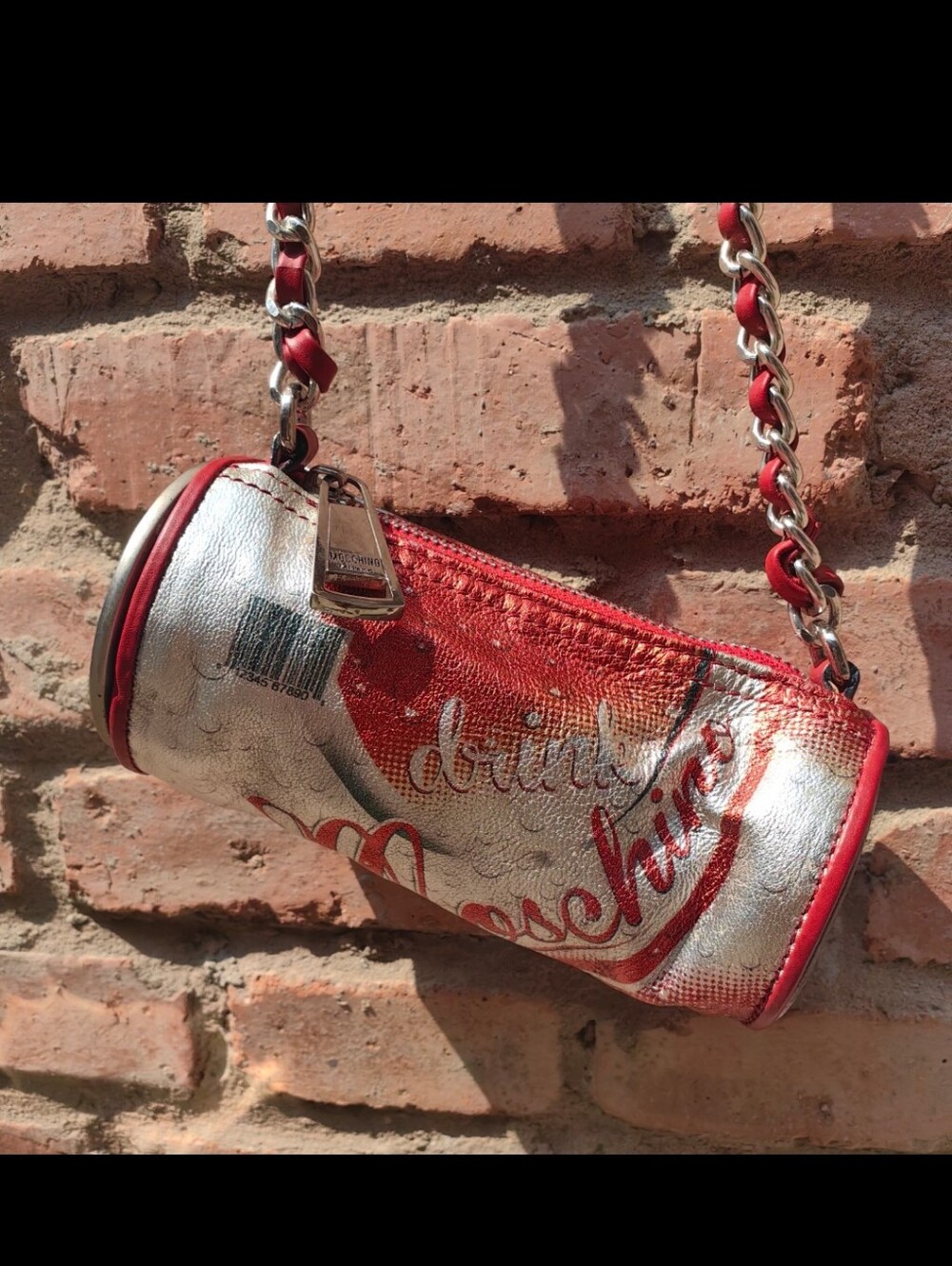 Moschino Silver & Red Graphic Cylinder Shoulder Bag